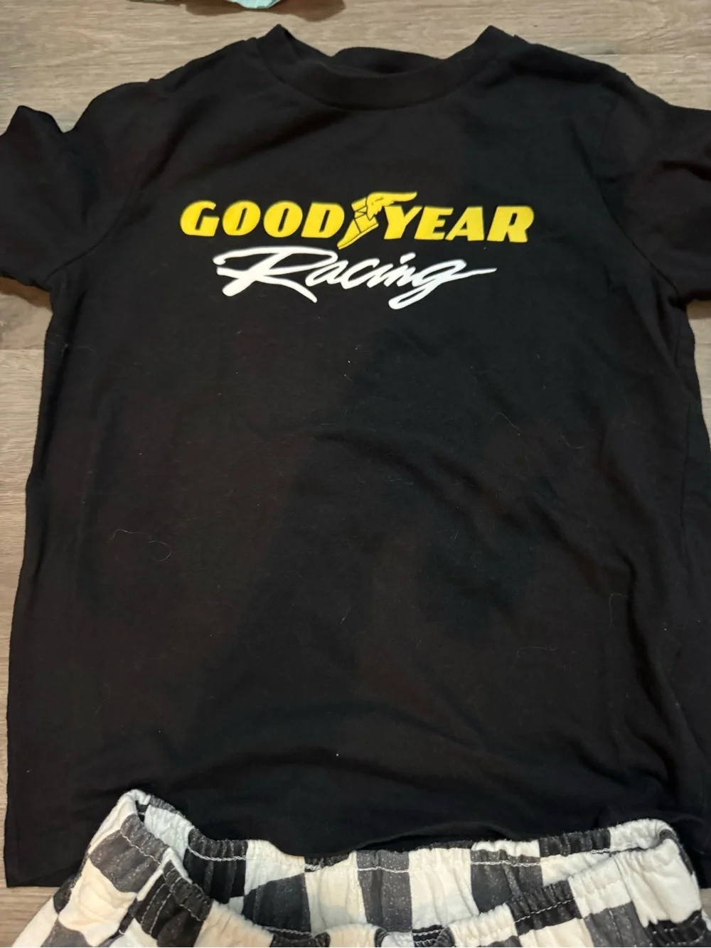 Gap Goodyear shirt & Cat & Jack Black and White Checkerboard Shorts sz 6-7